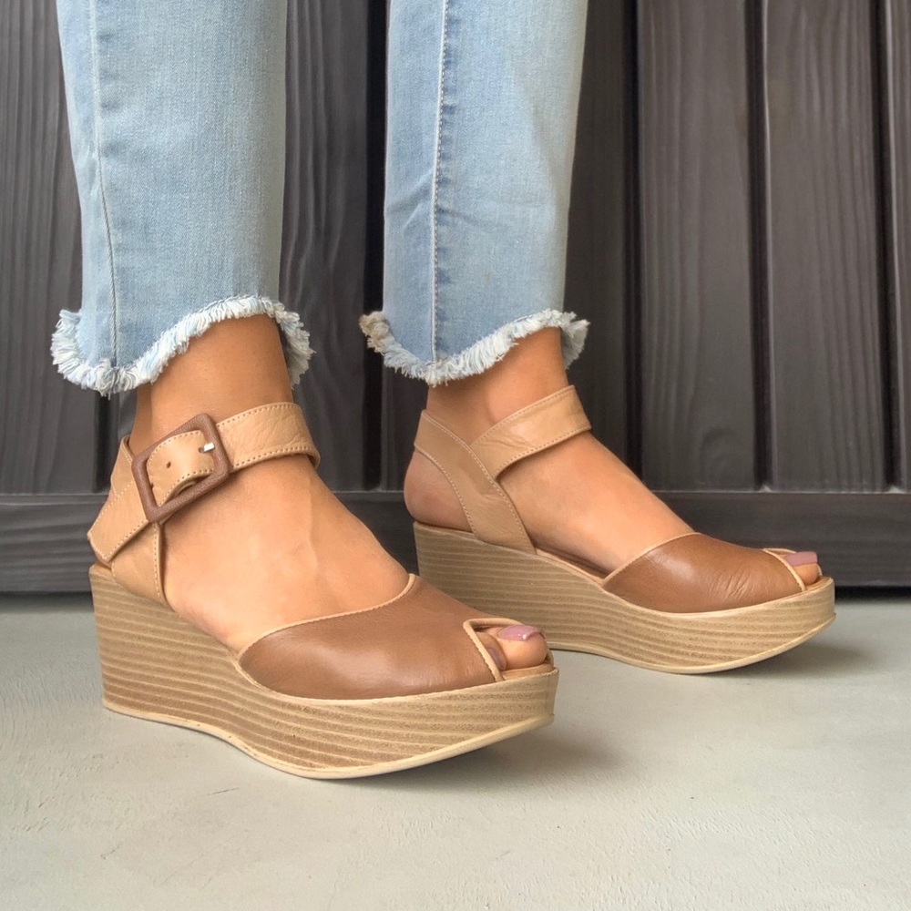 Tan Butter Soft Leather Peep Toe Wedge Sandal - Picture 2 of 3
